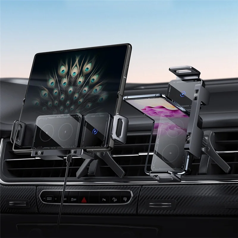 ABKI-Car bezprzewodowa ładowarka 15W podwójna cewka uchwyt na telefon na nawiew samochodowy One-Touch obrotowy uchwyt na telefon na nawiew samochodowy Forfold ekran telefonu