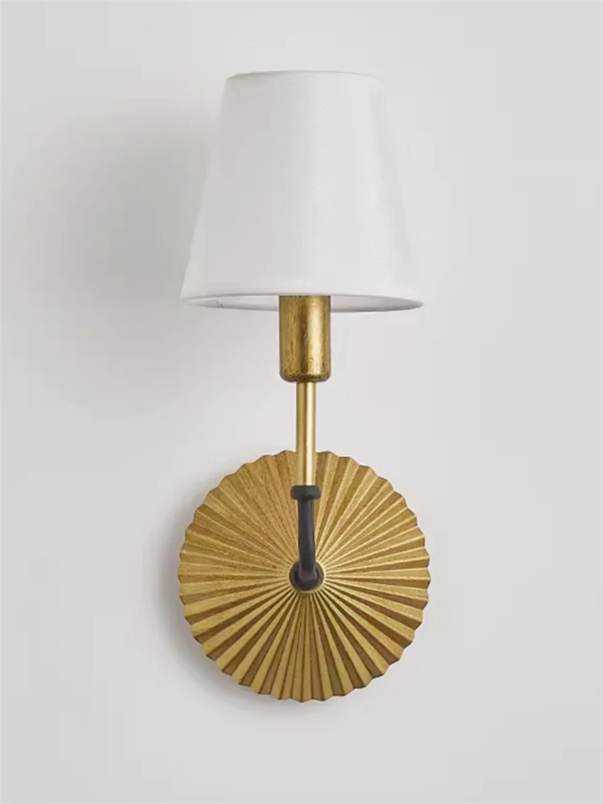 American Country Vintage Solid Wood Gold Wall Lamps Bedroom Warm Cotton Linen Lampshade Study Bedside Lamp Wall sconces lights