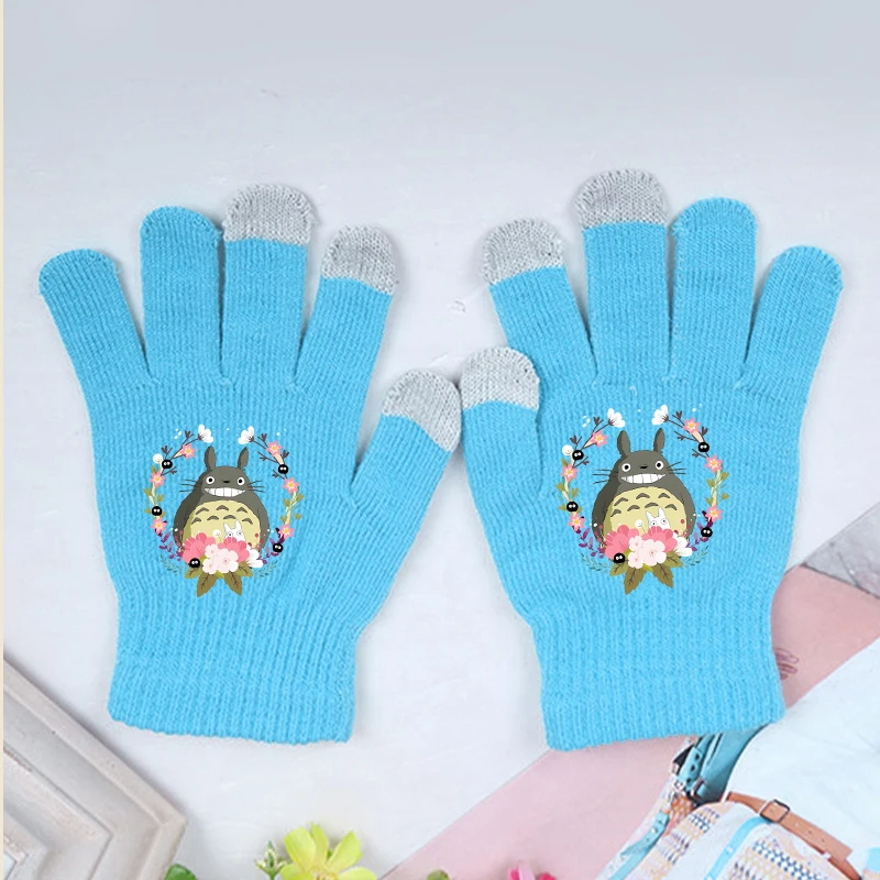 Cartoon Totoros Winter Five-finger Gloves Kids Adult Cute Cat Print Touch Screen Knitted Gloves Cold-proof Outdoors Warm Mittens