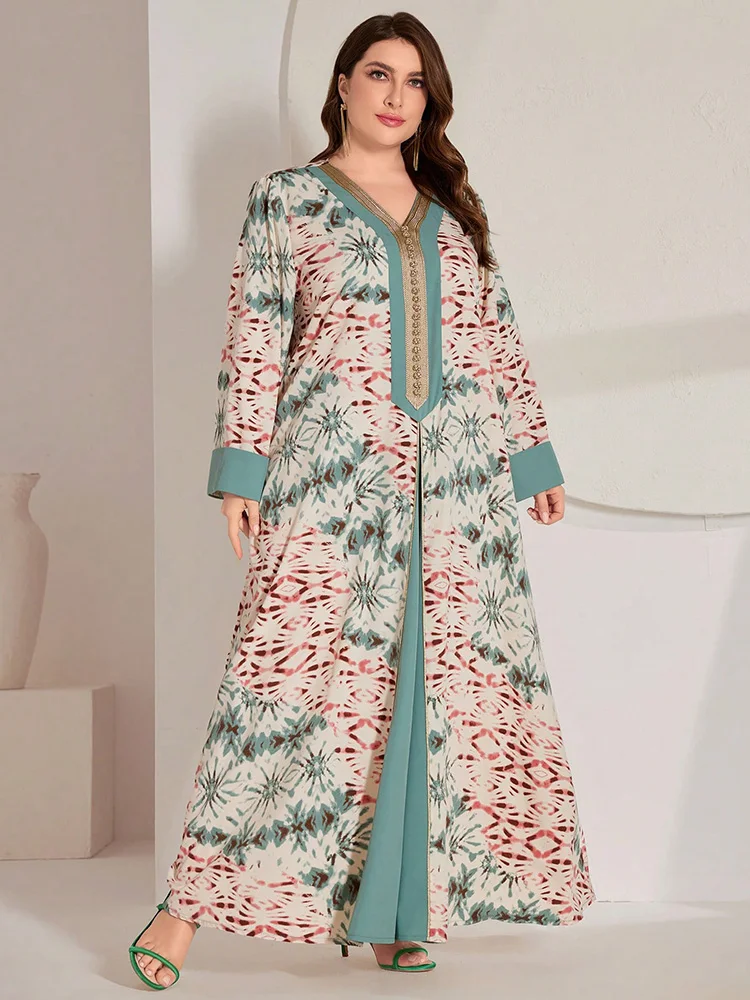 TOLEEN 2024 New Summer Print A-Line Abaya Elegant Long Dresses Plus Size Women\'s Tie-Dye & Patchwork Woven Belt Arabic Clothing