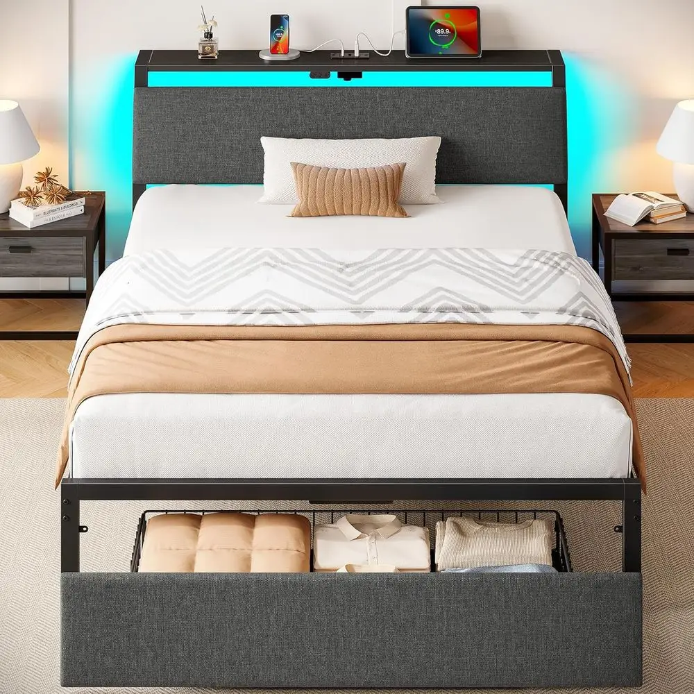 Rolanstar Twin Bed Frame with Ergonomic Headboard Storage and Charging Station, Upholstered Platform Bed with LED Light and Draw