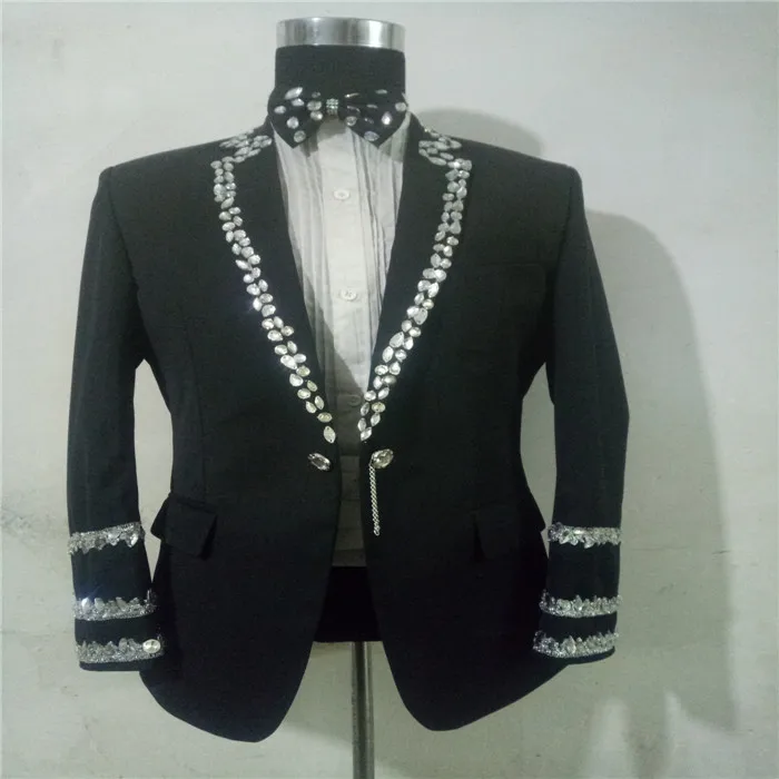 

Men's Crystal Dress Black Sewn Drill Jacket Outfit Nightclub Bar Host Singer Stage costumes Performance Blazer