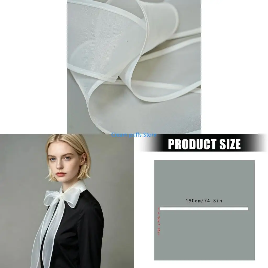 50LE Daily Neck Scarf for Women White Sheer Ribbon Accent, Organza Look Lightweight Long Scarf for Everyday Styling
