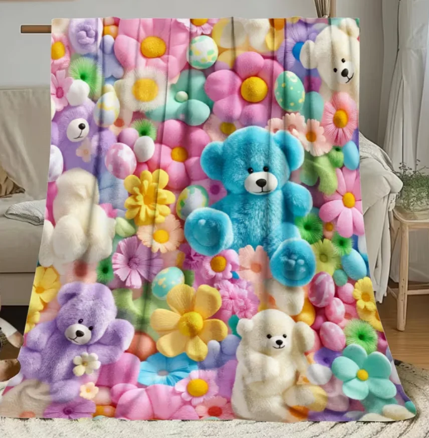 1pc Teddy Bear Floral Egg Pastel Print Flannel Blanket Soft and Comfortable, All-Season Blanket, Suitable for Travel Blankets - view 3