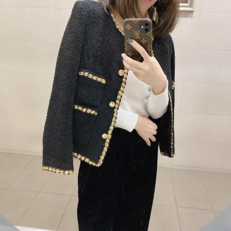 Black Short Small Fragrance Jacket Women 2026 Spring Autumn New Coat Tweed Gold Thread Woven Overwear Casual Suit Jackets Female