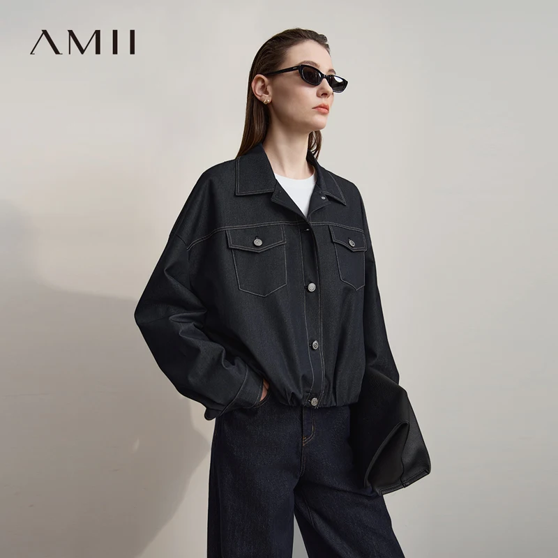 

AMII Casual Women's Jacket 2025 Autumn New Retro Versatile Women's Coat Deep Denim Blue Long Sleeve Ladies Jackets 12543121