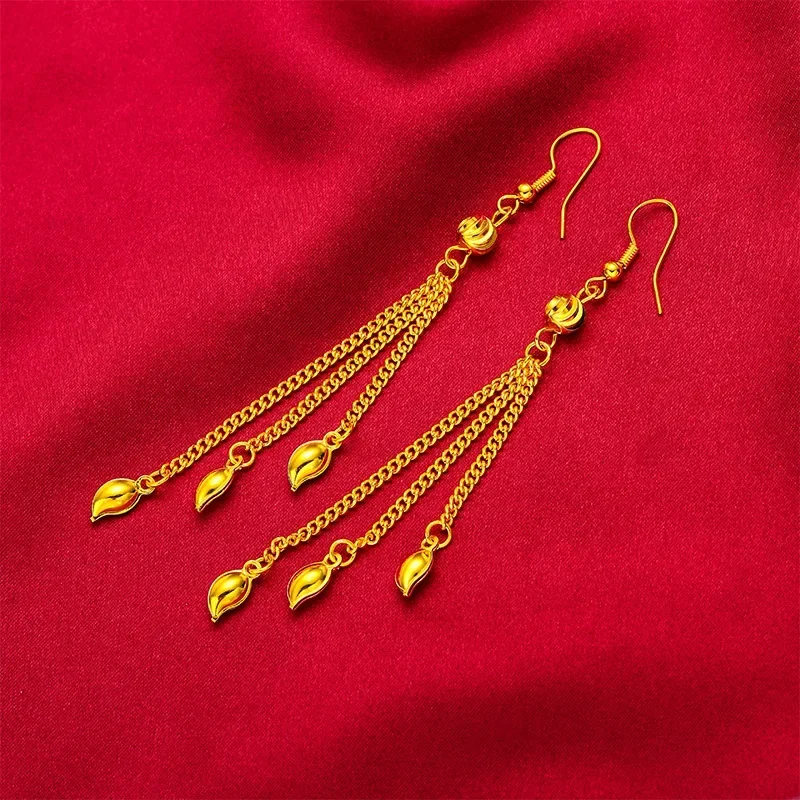 Pendientes largos con lazo de mariposa para mujer, aretes con borla, chapados en oro Real de 24K, joyería para asistencia a la fiesta, 100%