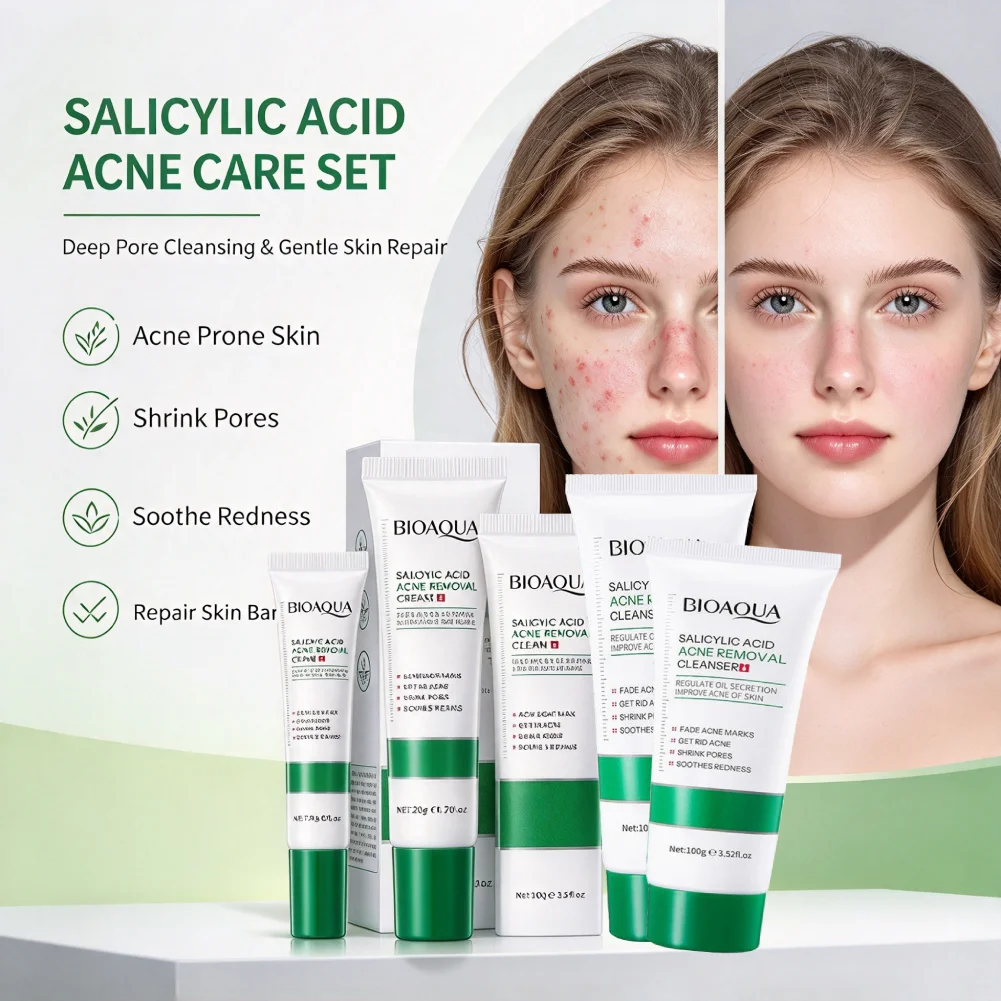 BIOAQUA Salicylic Acid Skin Care Kit, Acne Cream + Facial Cleanser, Repair Acne Scars Shrink Pores Remove Blackheads for Acne