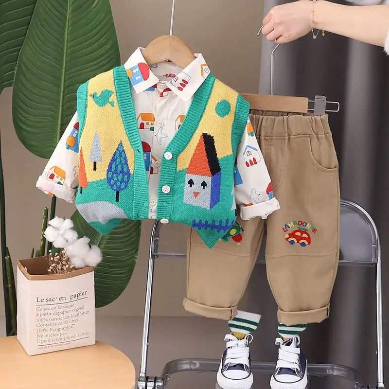 Spring and Autumn Children\'s Clothing Set New Boys and Baby Handsome Shirts Vest Pants Three Piece Set Kids Outfits