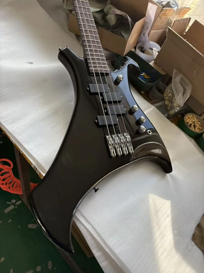 4-string special-shaped electric bass, rosewood fingerboard, numerically inlaid, black high-gloss finish, free delivery