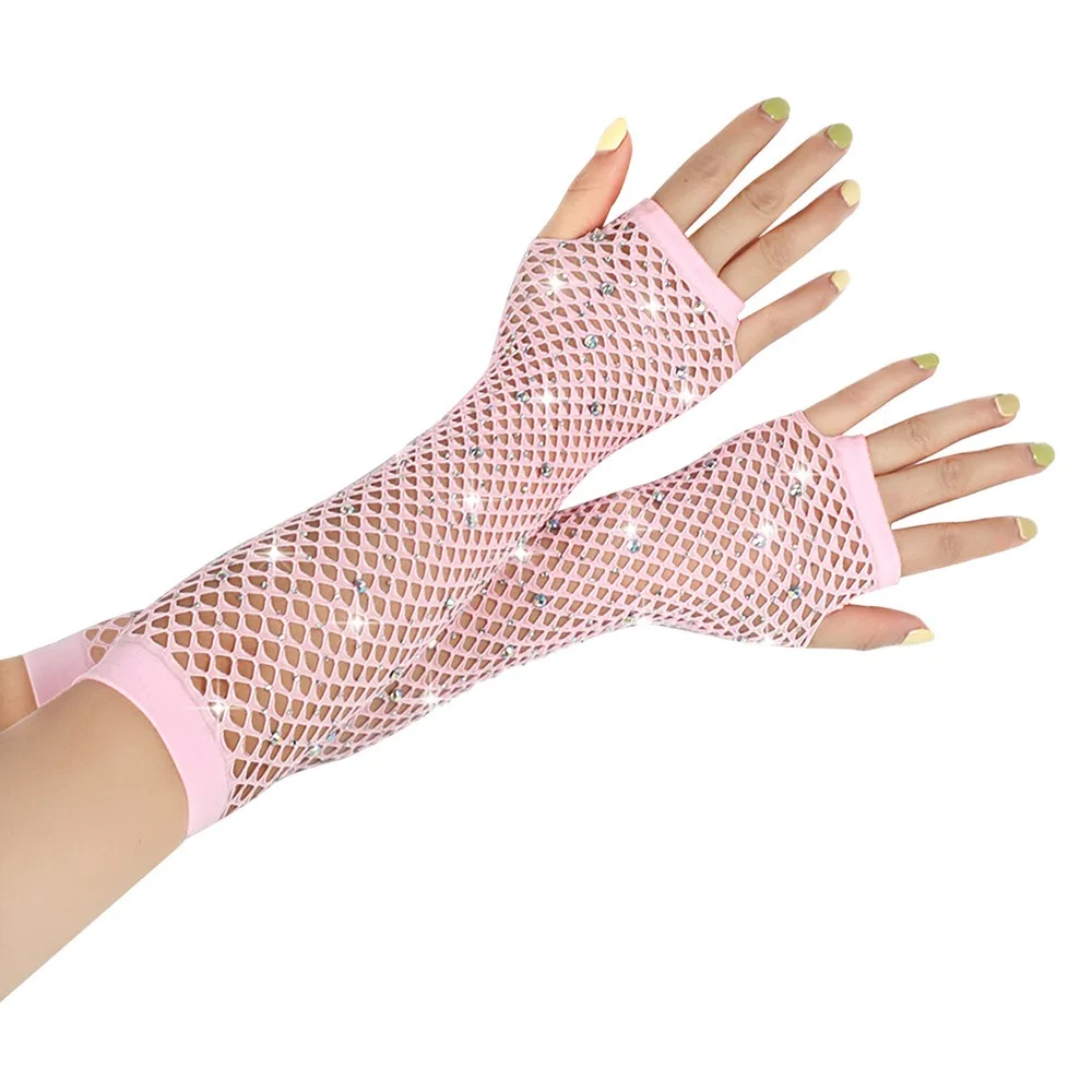 Guantes de rejilla con diamantes de imitación para mujer, Sexy, muy elástico, decoración de noche, graduación, sin dedos, Punk, gótico, rendimiento de discoteca, fiesta