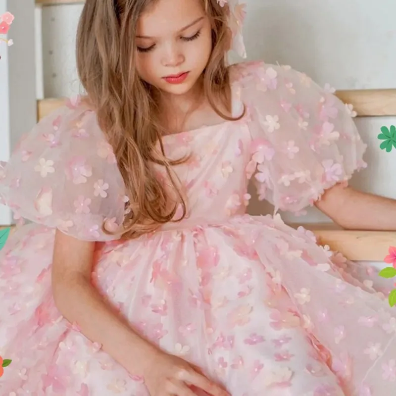 Baby Girl Princess Floral Tutu Dress Puff Sleeve Infant Child Pearl Tulle Vestido Pageant Party Birthday Baby Clothes 1-12Y