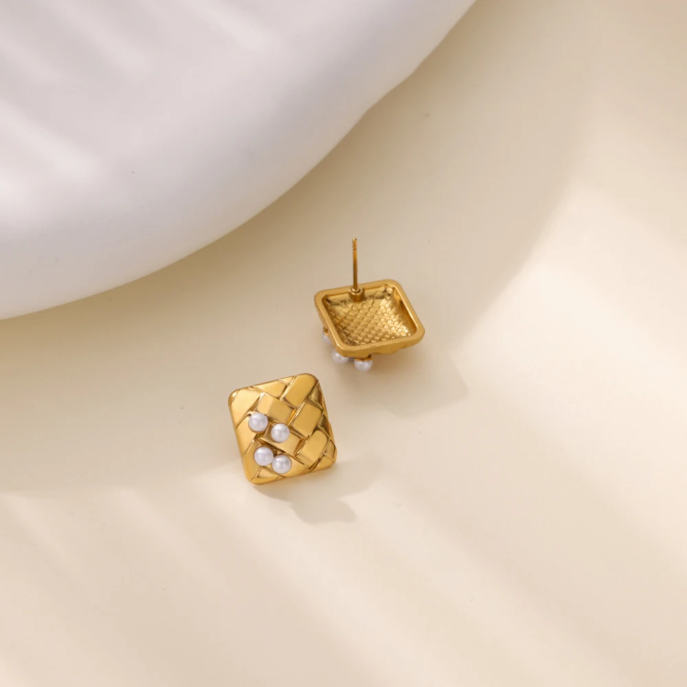 Imitation Pearl Square Earrings for  Women Gold Color Piercing Stainless Steel Stud Earrings Vintage Female Party Jewelry 2025