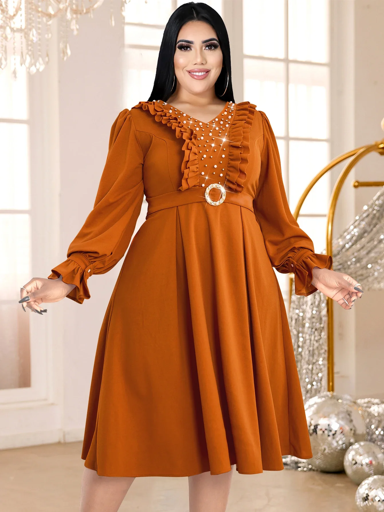 Robe Plissée Trapèze à Volants et Col en V pour Femme, Tenue Classique à Manches sulfLanternes, Taille Haute, Idéale pour Bureau, Église, Événement, Grande Taille, 2024