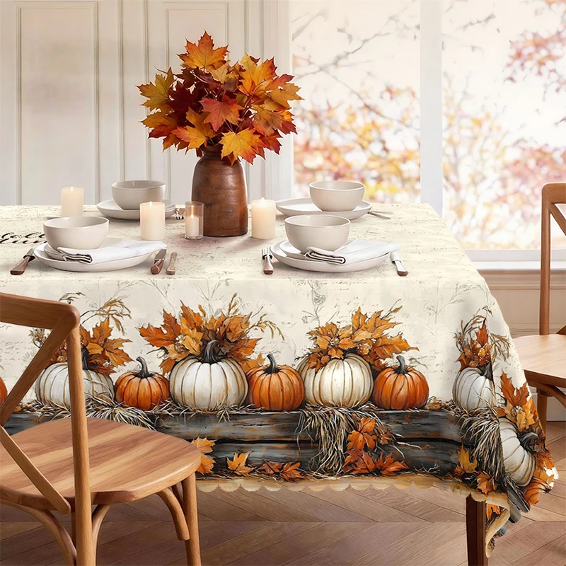 Autumn Tablecloth with Pumpkins and Harvest Baskets for Indoor/Outdoor Camping Decor, Rectangular/Round/Oval