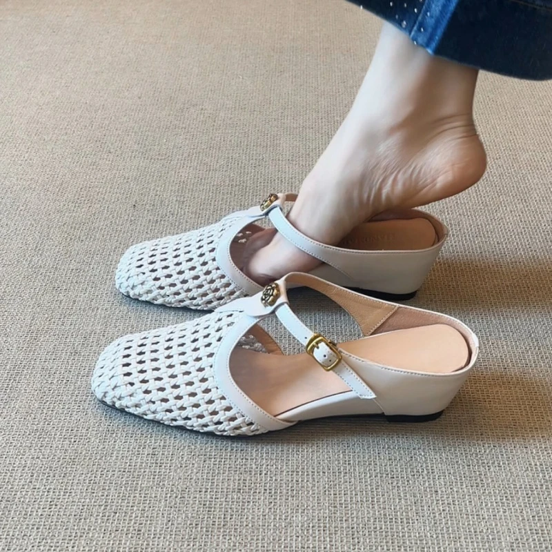 

Woven Mule Slippers Women Square Toe Hollow Out Metal Buckle Wedge Heel Breathable Casual Summer Daily Outdoor Ladies Sandals