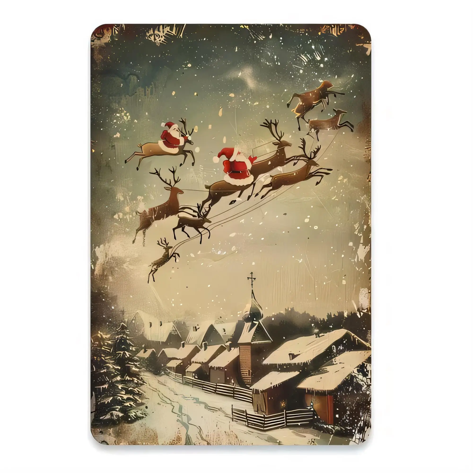 Tin Sign Christmas Reindeer Santa Flying Over Snowy Village Vintage Metal Wall Art Plaque   Retro Holiday Decor for Home Bar Pub