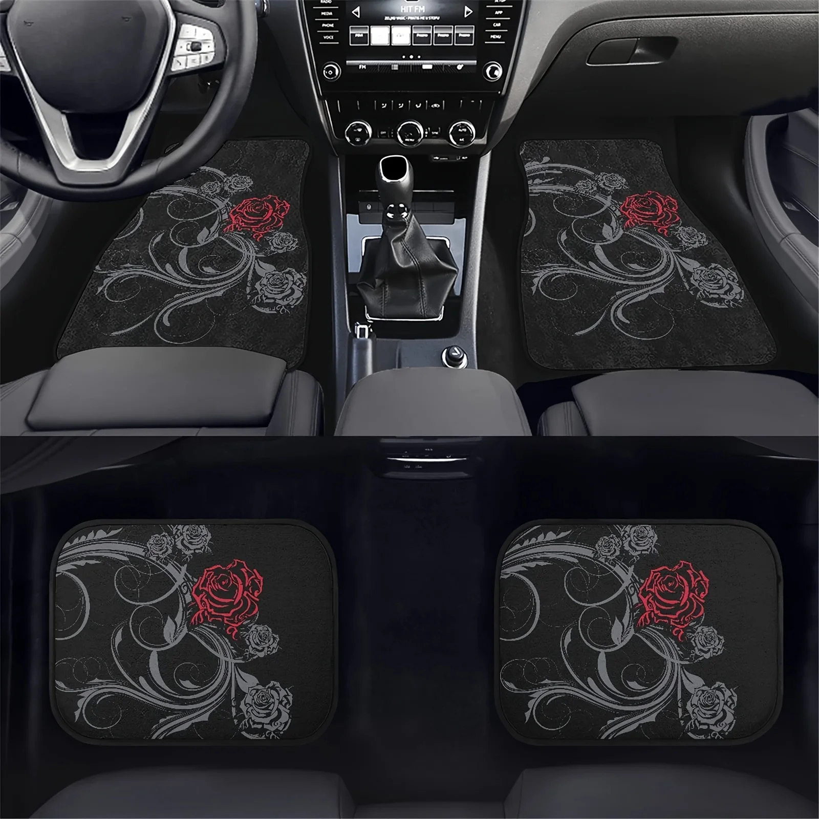

4pcs Rose Flower Themed Elements Universal Car Mats Suitable For Front And Rear Seat Protection Of All Vehicles, Stylish And Dur