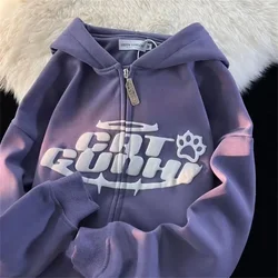 Women Letter Print Hoodies Autumn Winter Retro Zip Up Hooded Sweatshirts Harajuku Casual Sudaderas Y2K Korean Preppy Street Wear