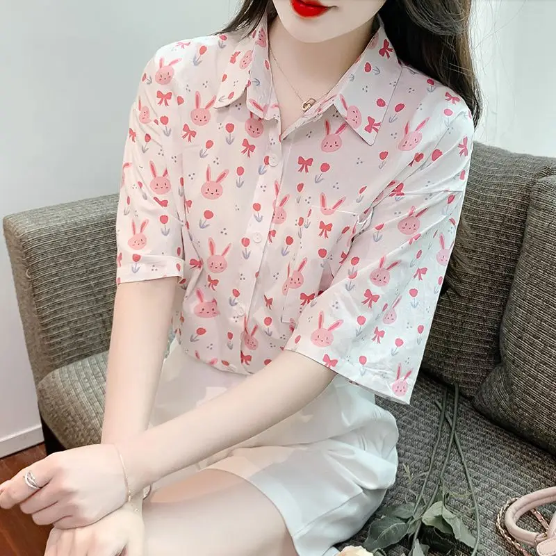 

Minimalist Summer Blouses Women's Patchwork Printed Pocket Loose Casual All-match Polo Collar Short Sleeve Single-breasted Shirt