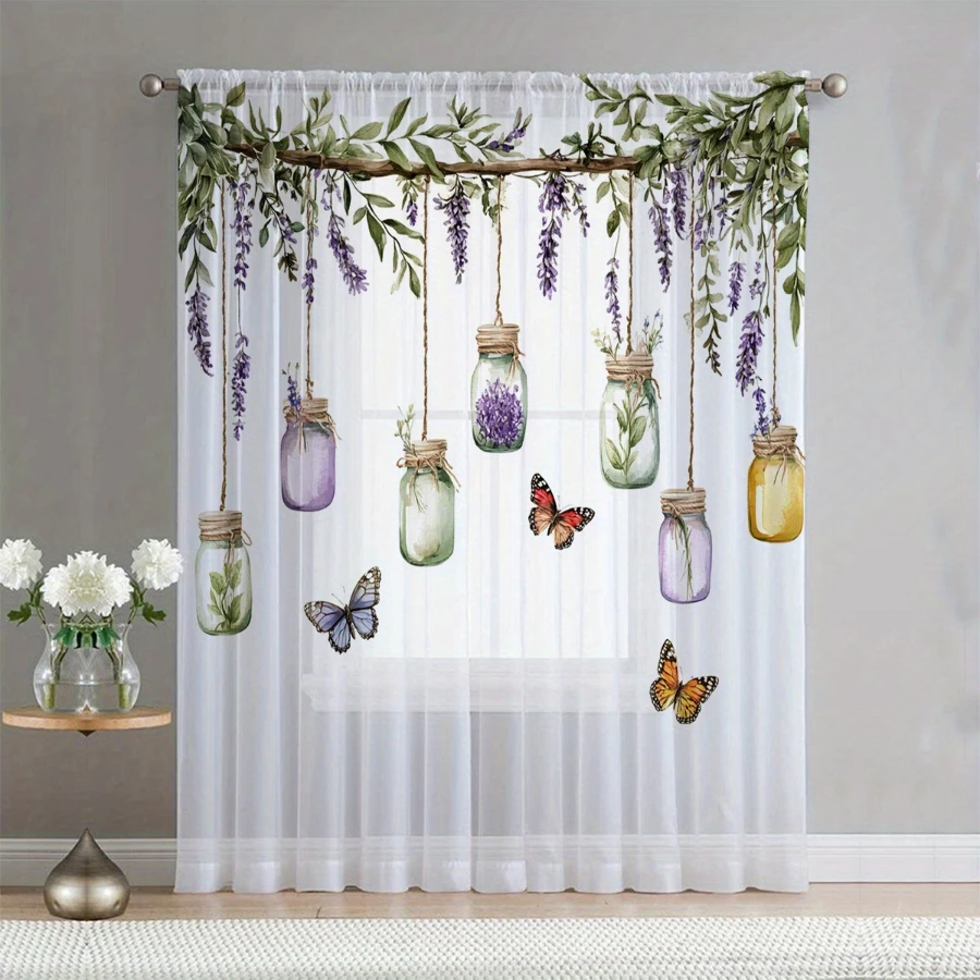 2PCS Digital Print Sheer Curtains, Purple Wisteria Flower Pot, Garden Botanical Container for Bedroom Living Room Home Decor