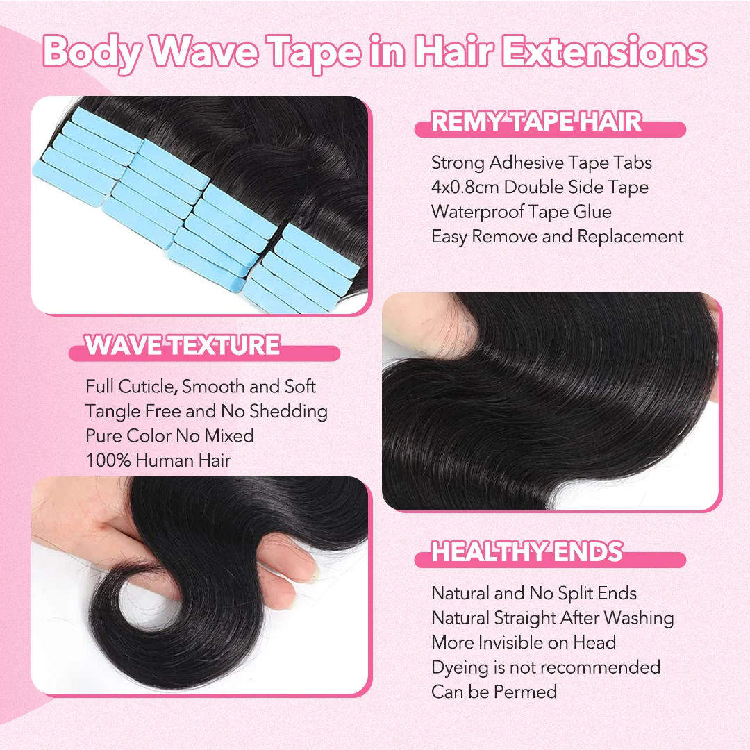 20szt 50g PU Tape in Hair Extensions Human Hair Body Wave dla kobiet 20Inch Natural Black Tape ins Hair Extensions Virgin Hair