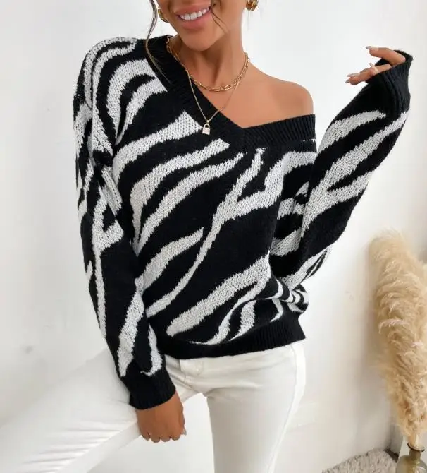 เสื้อสเวตเตอร์ไหมพรมถักลายม้าลายแฟชั่นใหม่สำหรับผู้หญิง ฤดูใบไม้ร่วงและฤดูหนาว ปี 2025 แบบหลวม สวมใส่สบาย อุ่นหนา