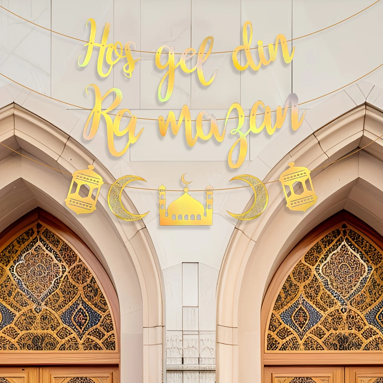 لافتة رمضان كريم Hoşgedin Ramazan Islam راية ديكو عيد مبارك معلقة للحفلات جارلاند القمر ستار فانوس القلعة راية رمضان