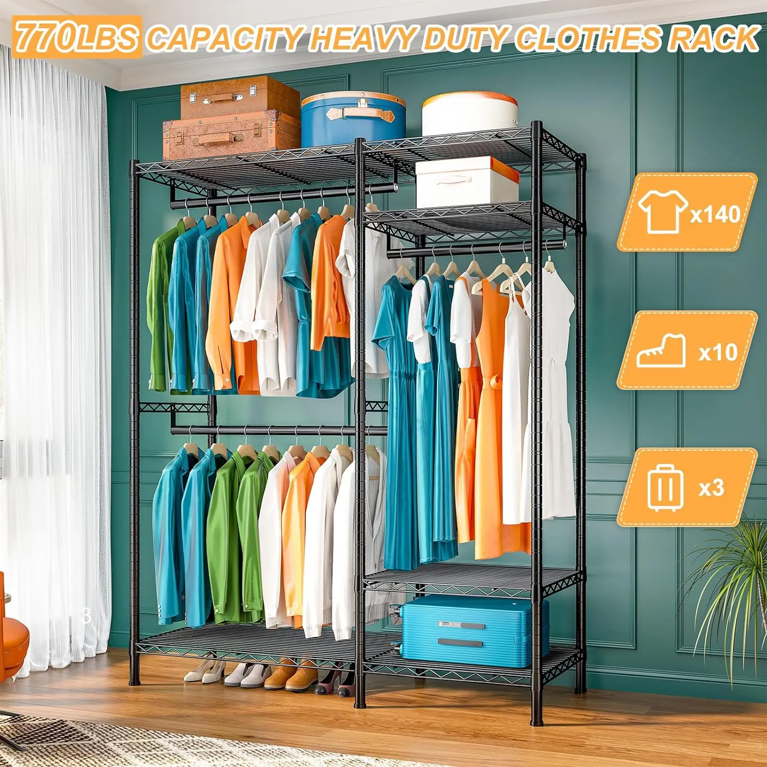 Can load 770 LBS hangers for hanging heavy duty clothes, metal hangers for independent and portable wardrobes