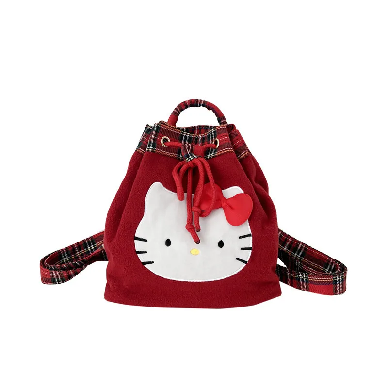 Sanrio Hello Kitty Vintage rojo a cuadros moda mochila Universidad viento rojo pequeño ligero Casual salir niñas bolso de escuela