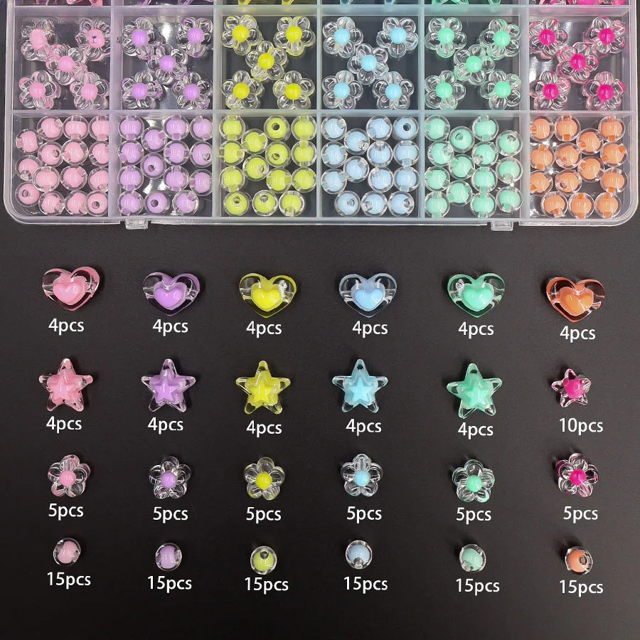 1 Box Cute Acrylic Beads Bracelet Making Kit Heart Star Flower Style Round Spacer Loose Beads for Jewelry Making Diy Acceseories