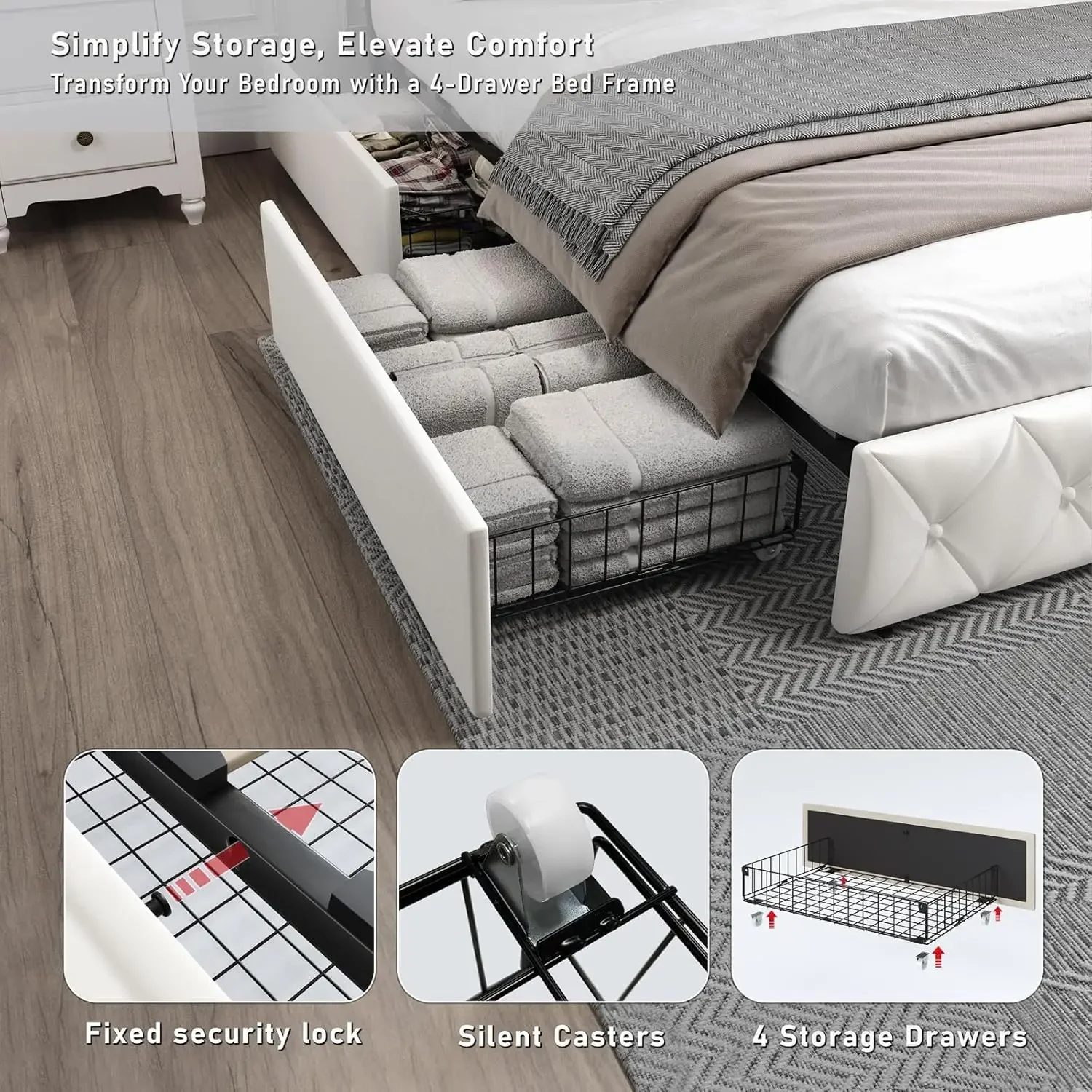 A full-size bed frame with storage space, 4 drawers, a white bed frame with adjustable LED headboard, and solid wooden strips