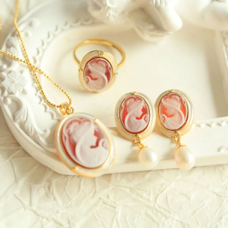 

s925Silver Plated Body Silver Electroplating18kGold Inlaid Agate Cameo Flower Goddess Pendant Earrings Ring Gift Box