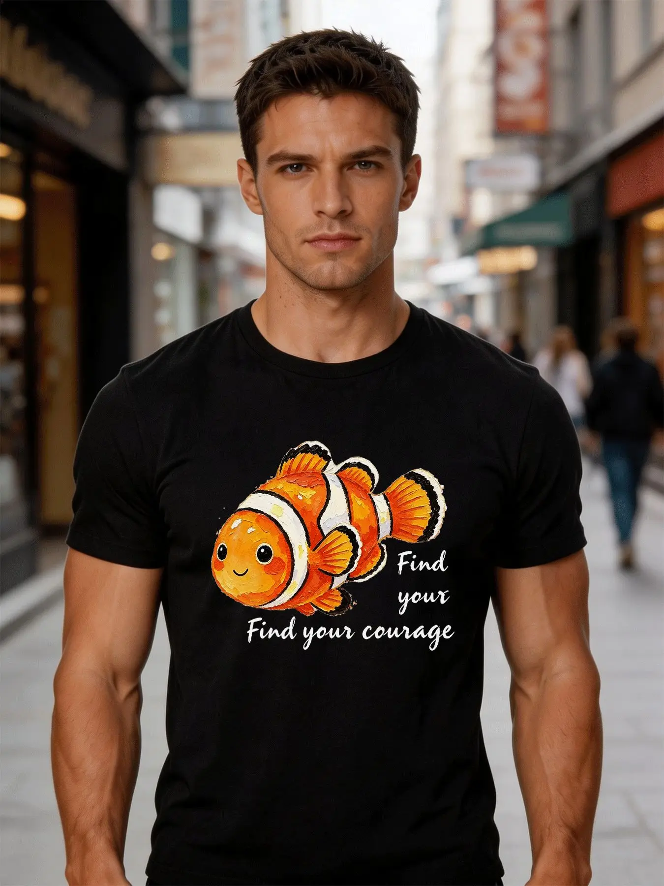 Men Crew Neck Cotton T Shirt Clownfish Find Your Courage Graphic Print Short Sleeve Tops Loose Casual Summer Tees For Young Male