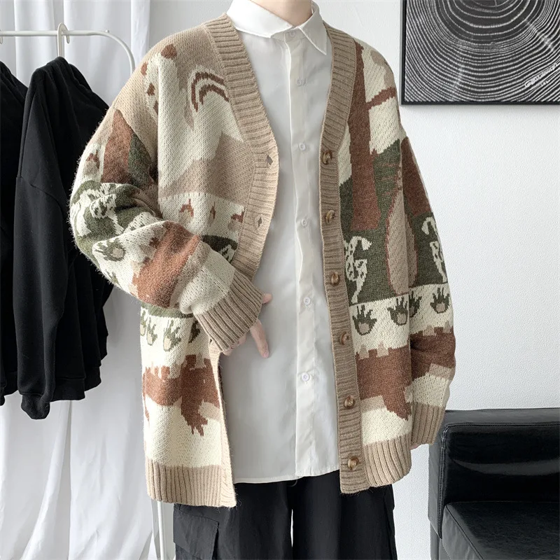 

Men Vintage Sweaters Cardigan Autumn Winter Cartoon Knitted Outerwear Chic Male Casual Loose Knitwear Harajuku Button Coats