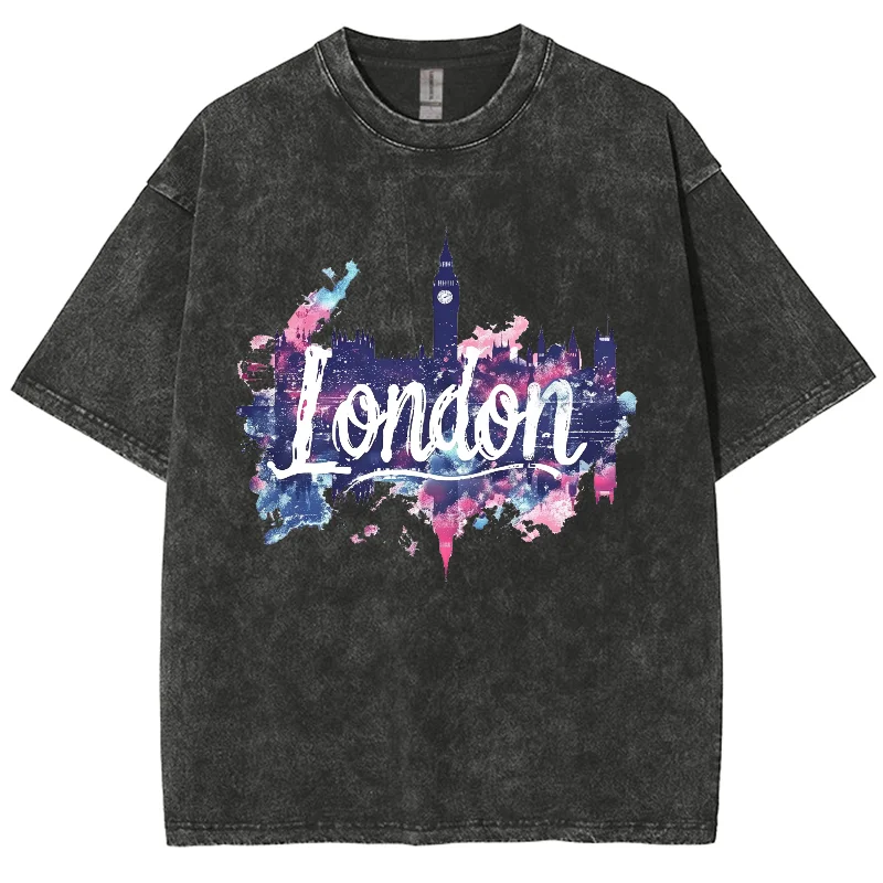 

London Ink-Splashed Letter Print Women's Top Washed Cotton Oversized Short Sleeve Fashion Fashion Brand Street Hip Hop Top Black