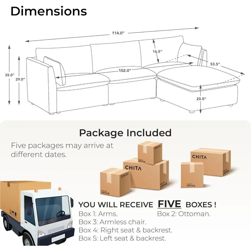 Modular Down Filled L Shape Sofa, Comfty Feather L Shape Cloud Couch,FSC Certified L Shaped Couch for Living Room, 114 inch