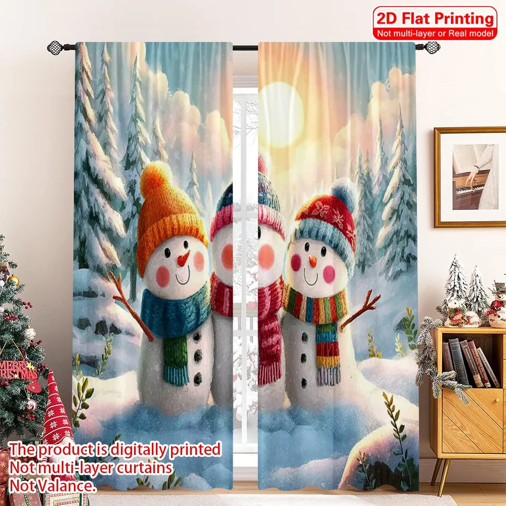 

2pcs 2D flat printing Christmas Scene Curtain Charming Snowmen Versatile Durable Polyester Without Electricity Spring Party &