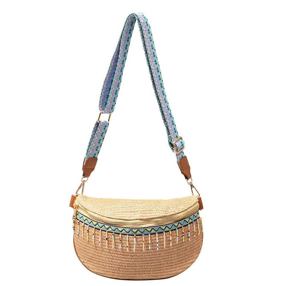 Boho Straw Crossbody Sling Bags Women Vintage Versatile Guitar Strap Fanny Packs Female Fashion Large Capacity Tassels Hip Pouch