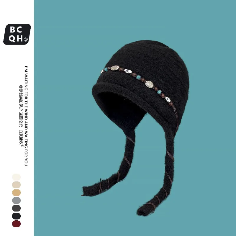 Japanische Nischen-Perlenmütze im Ethno-Stil, gestrickte Pullover-Mütze für Winterwärme und künstlerischen Ohrenschutz, Bombermützen für Damen – Detail 8