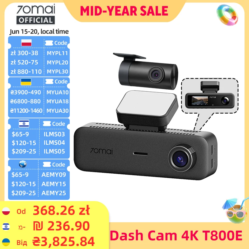 70mai t800e 3-Channel Front 4k + rear 1080p + interior 1080p HDR