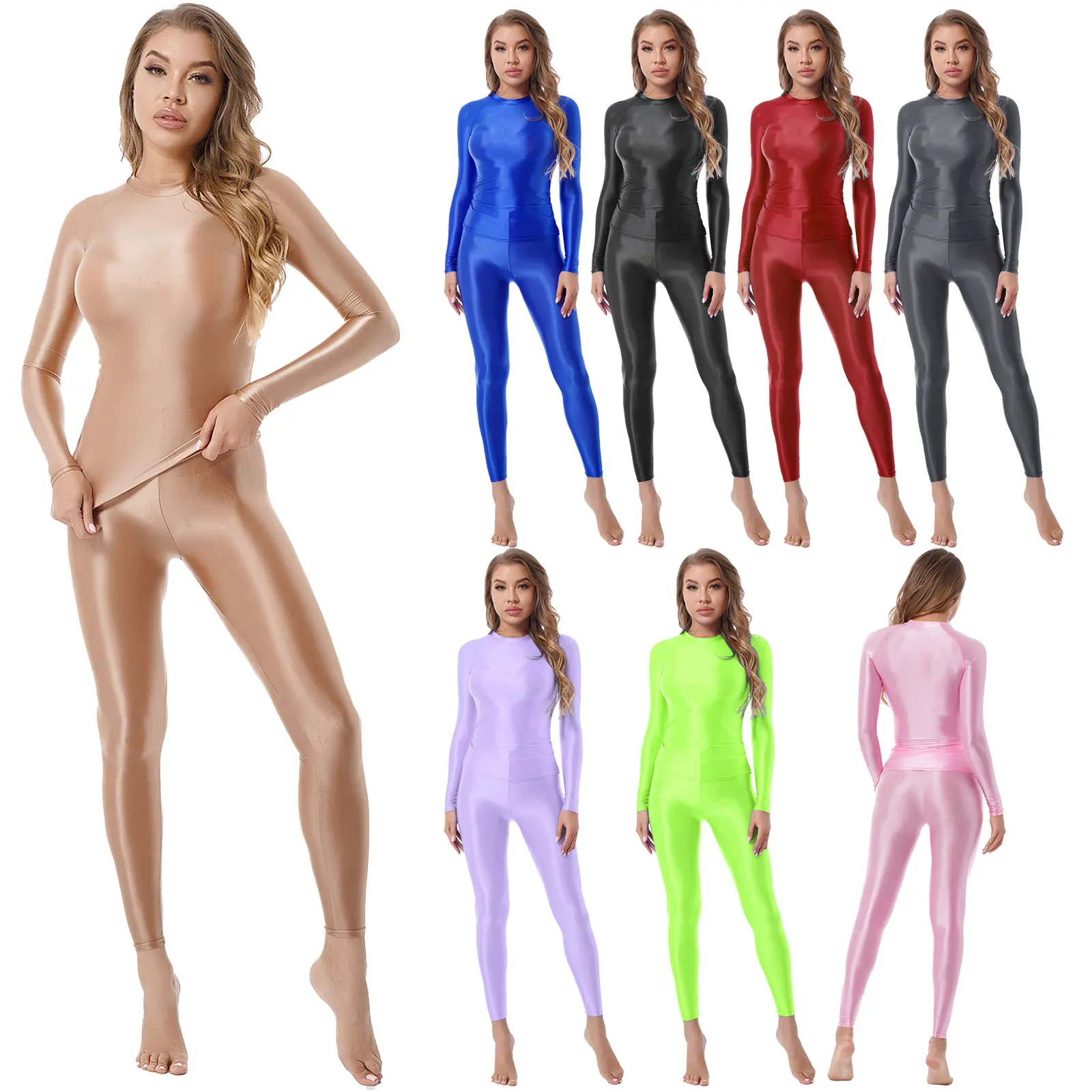 Women Shiny Oil 2 Pieces Dance/Sports Outfit Long Sleeve Tank Top with Tights Pants Home Workout Yoga Bodysuit Night Clubewear