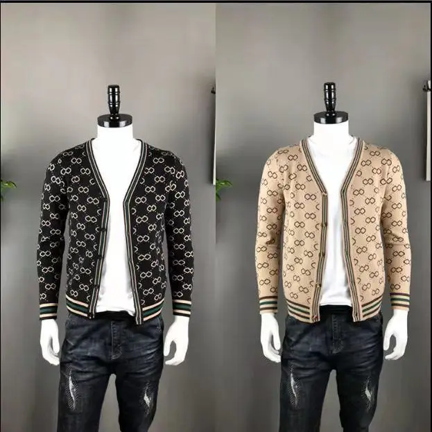 Cardigã de tricô de manga comprida masculina, Botões Casaco, Decote em V, Patchwork, Malhas, Moda, Impressão, Tendência, Novo, Outono, Inverno