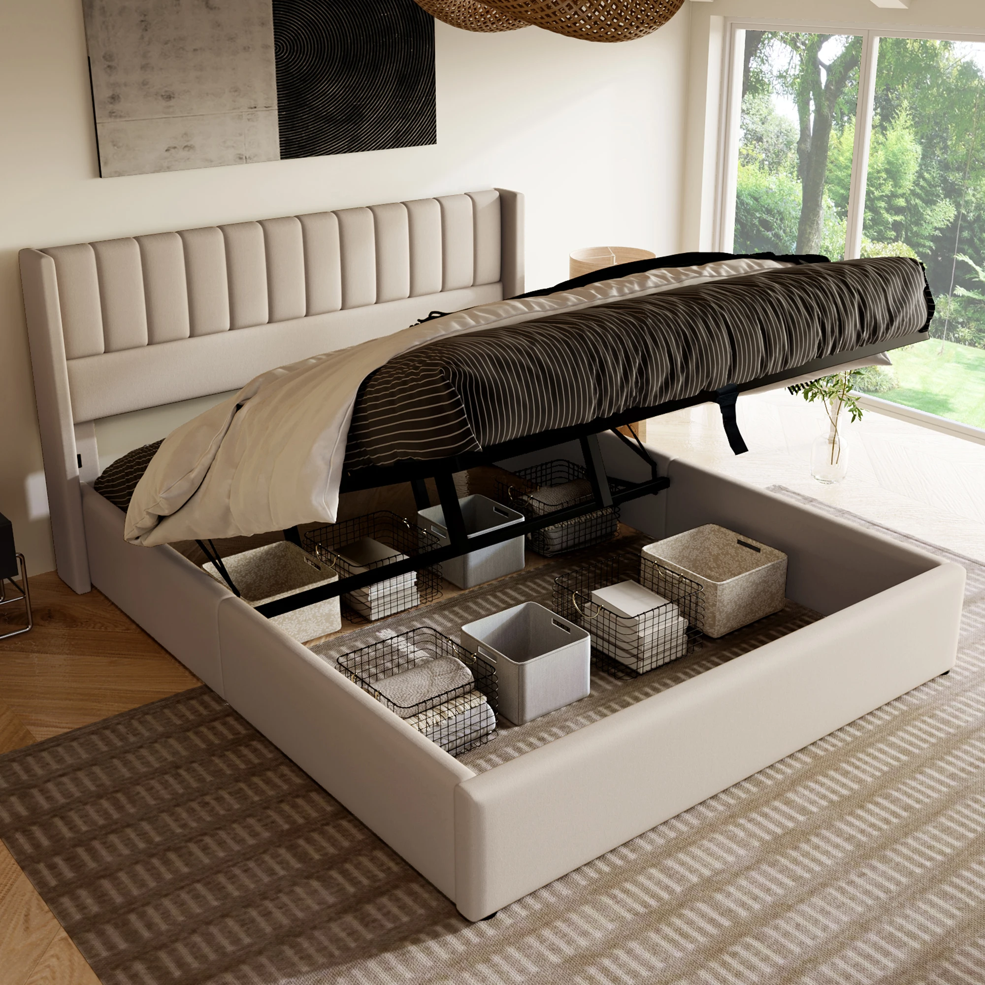 Lit Coffre 160x200 cm - Lit Double Capitonné avec Sommier - Design Moderne - Beige