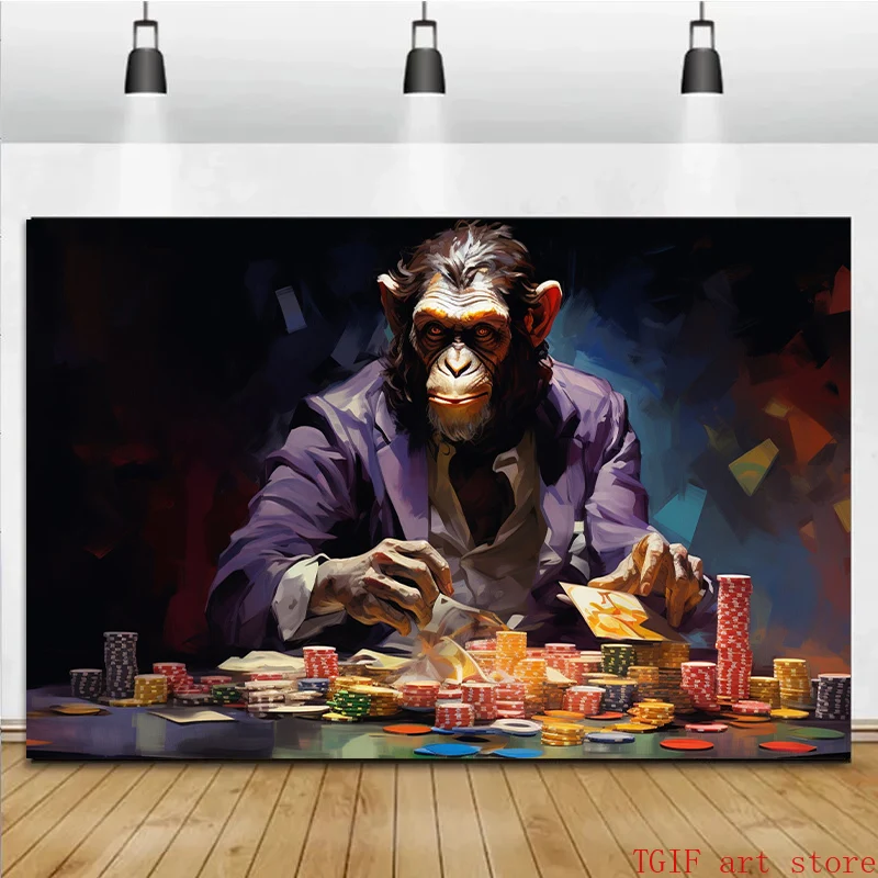 Abstract Funny Animal Dog Wolf Monkey Bear Raccoon Playing Poker Wall Art Posters Canvas Painting Print for Home Decor Cuadros
