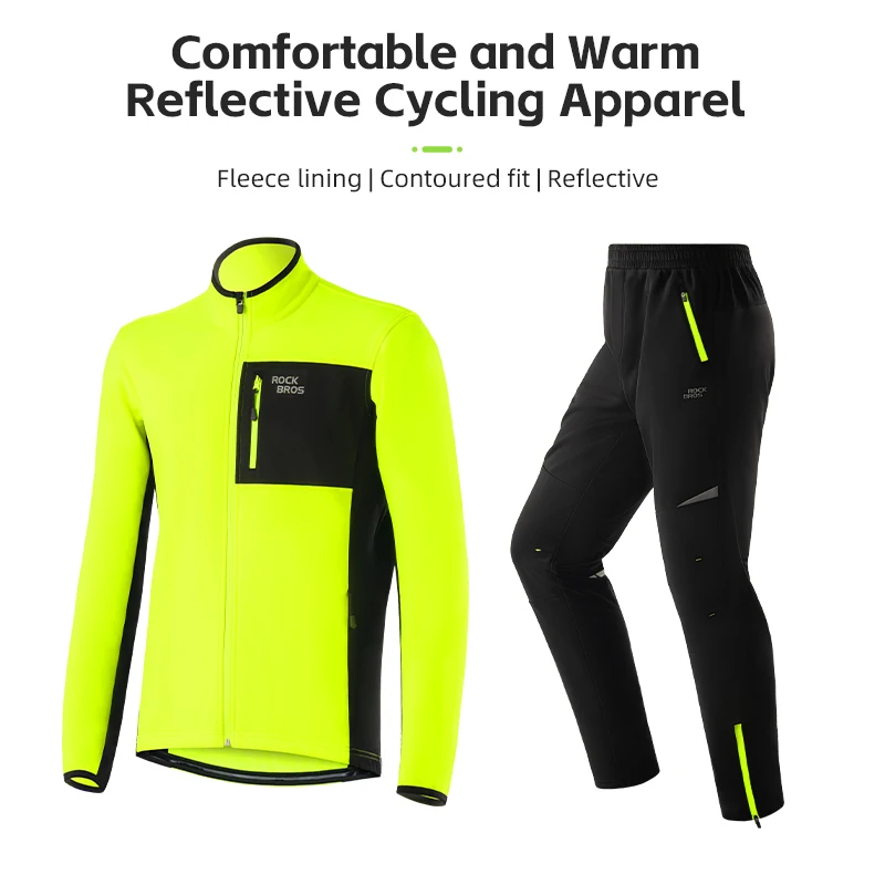 ROCKBROS Winter Cycling Suit Warm Thermal Windproof Highlight Reflective Cycling Suit Jacket Pants Men Outdoor Sports Suit Set