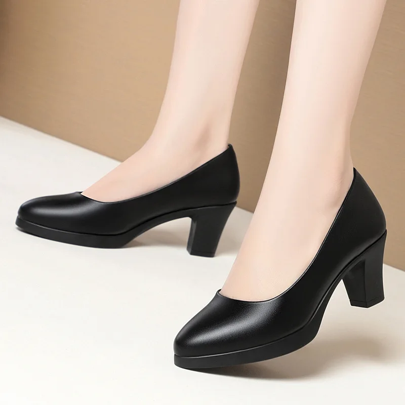 6.5cm Fashion Comfortable Shallow Mouth Soft Leather Shoes Women Pumps 2024 Fall Block High Heels Shoes for Formal Office Mom