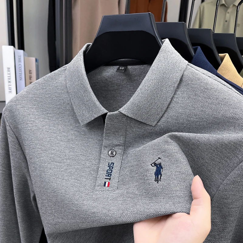 100 القطن قميص بولو الربيع والخريف طويلة الأكمام تي شيرت رجالي مطرزة الأعمال الجديدة والترفيه بلون فضفاض تي شيرت