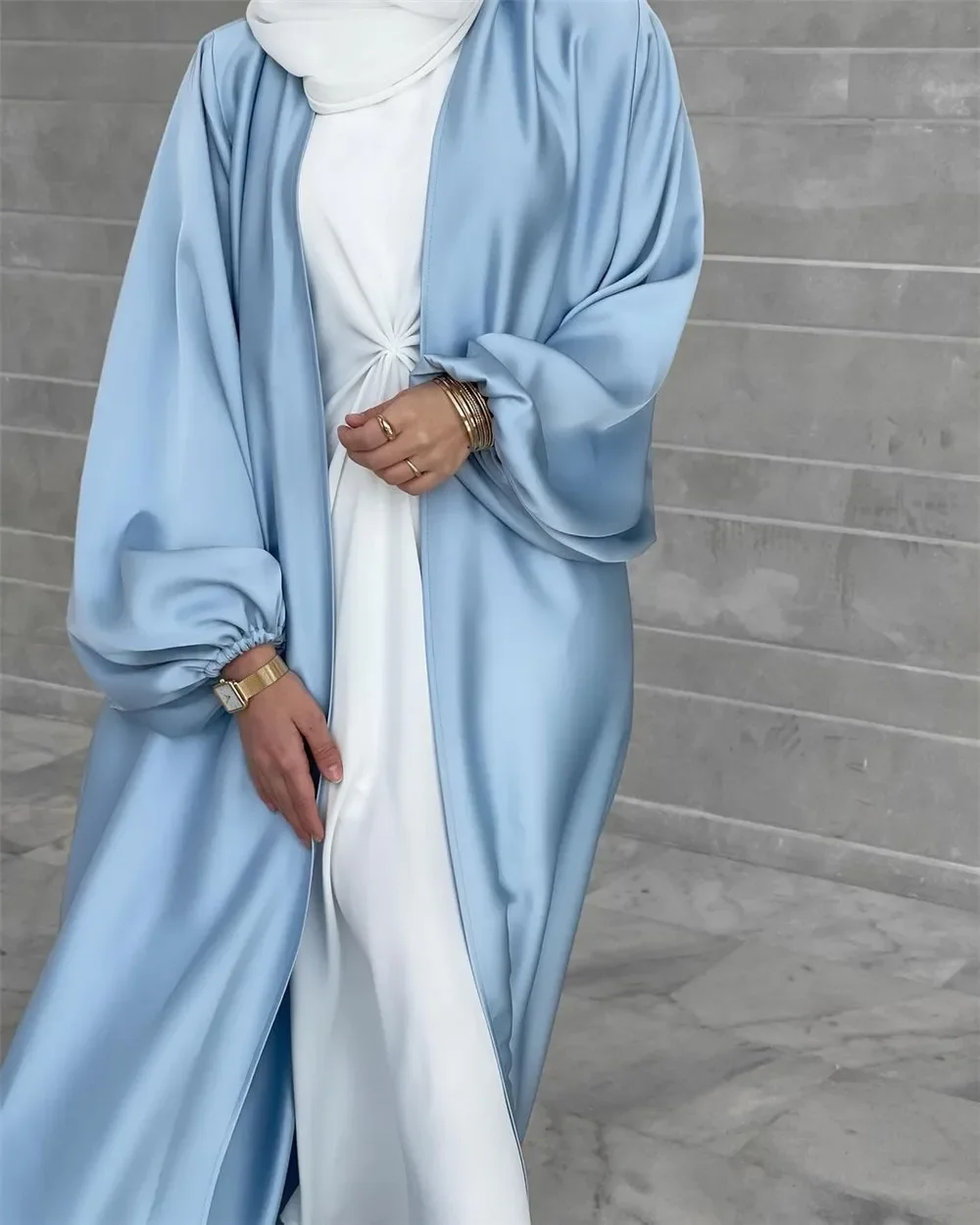 

Muslim Fashion Clothing Women's Dubai Arab Puff Sleeve Lace Up Ramadan Dress Elegant Waist Closing Robe Türkiye Cardigan Robe