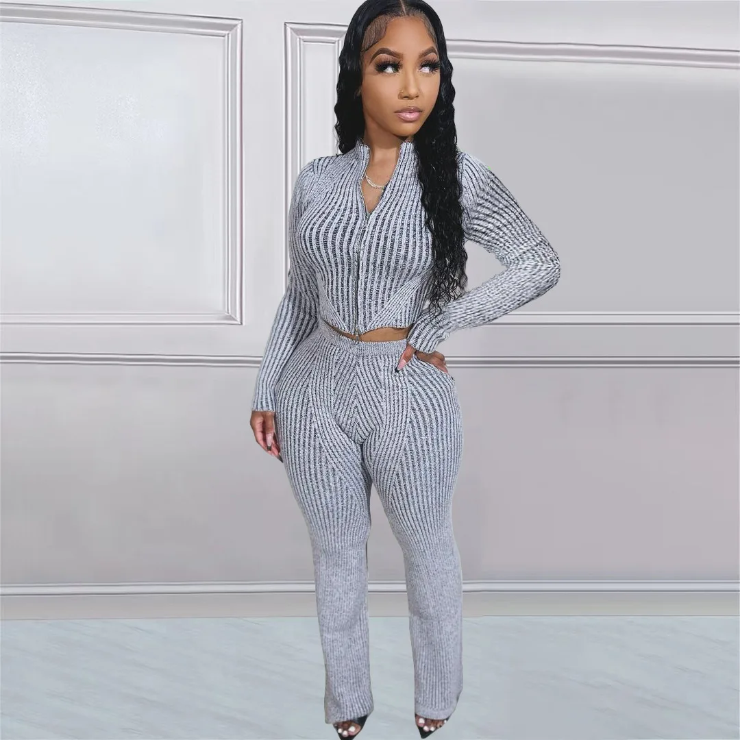 

Women Knitted Suits Soft 2 Pieces Sets Female Zipper cardigan Sweater & Pants Knitted Outfit Streetwear Motorcycle Suit